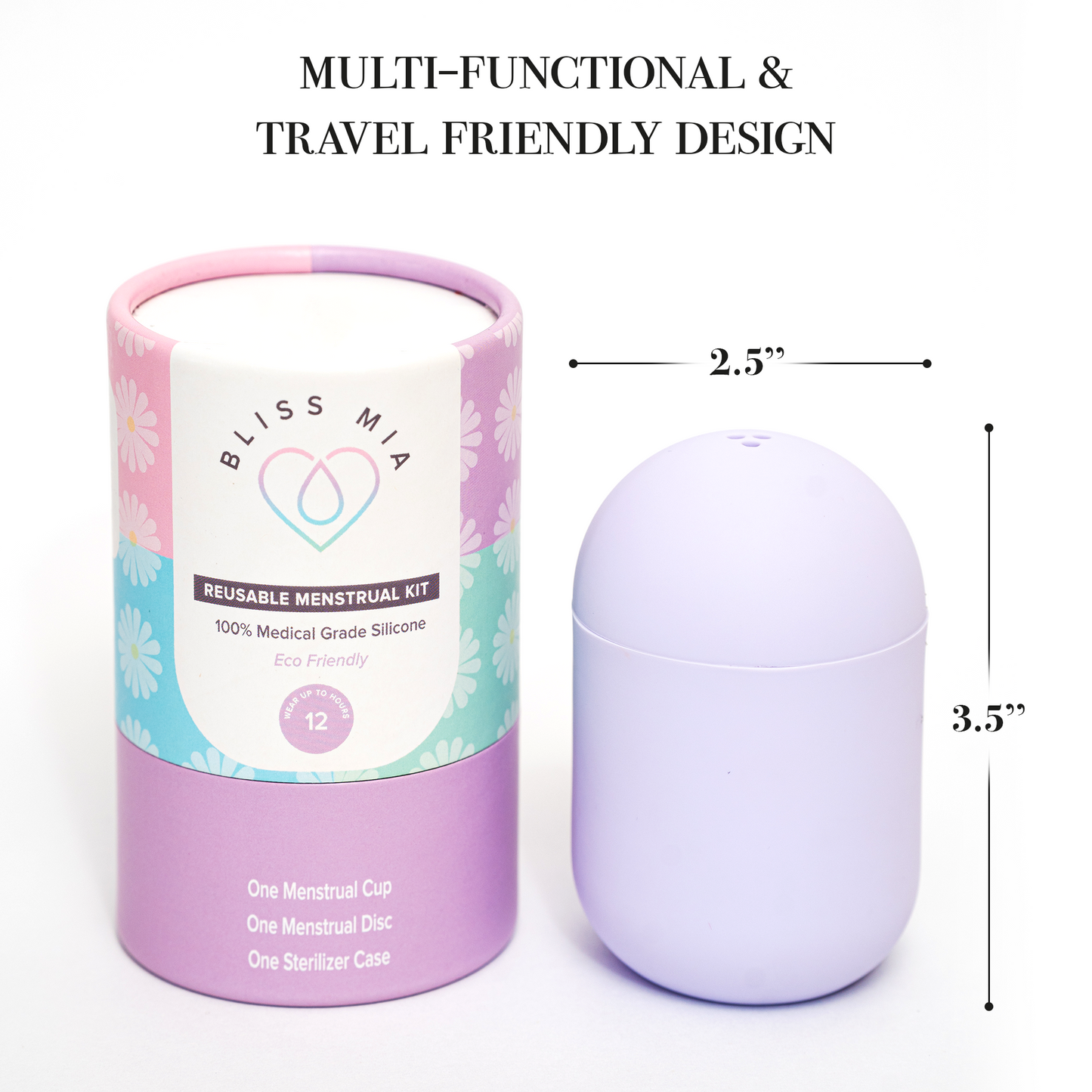 BlissMia reusable menstrual cup and disc kit with microwave sterilizer case and packaging, showing product dimensions 2.5 x 3.5 inches on a white background