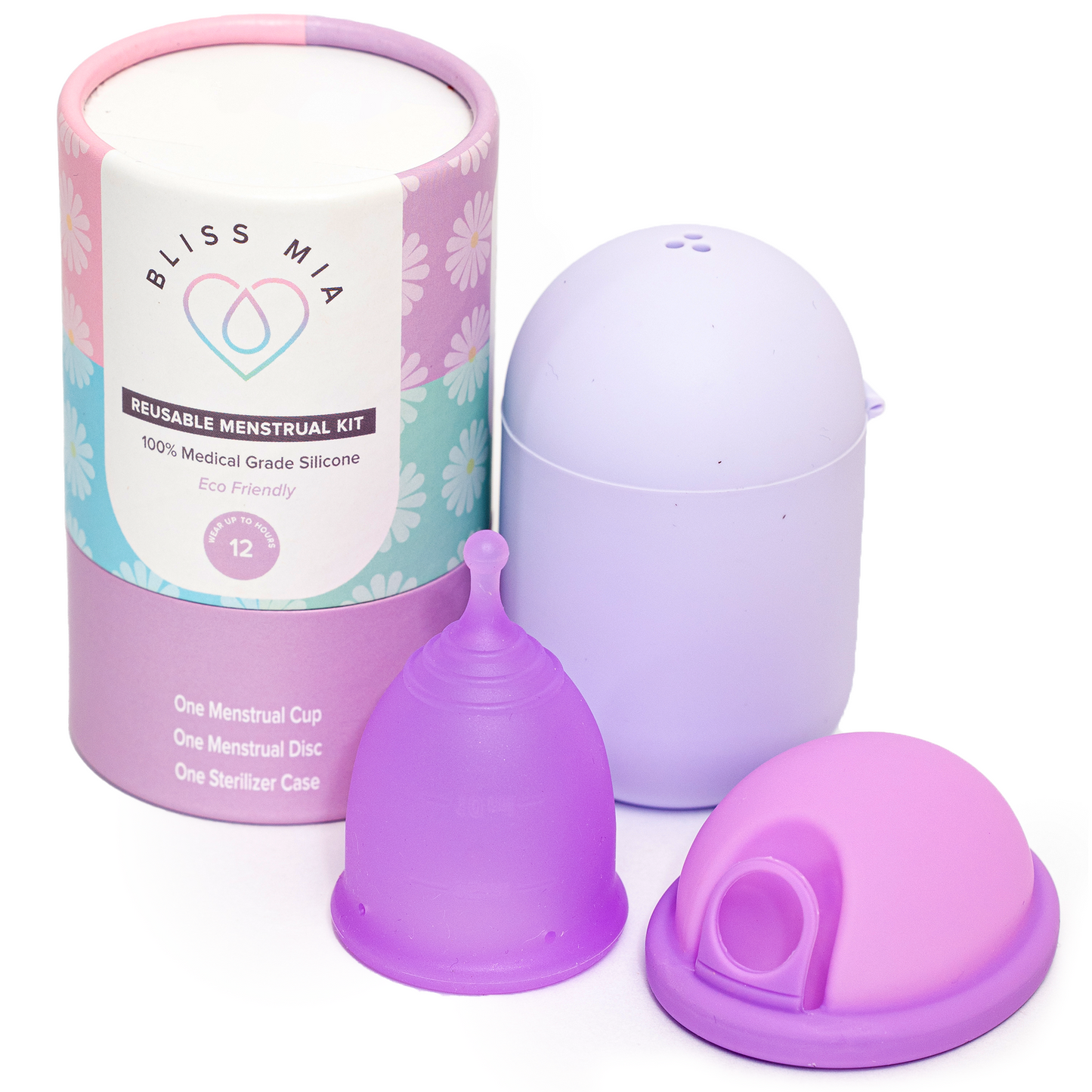 Bliss Mia reusable menstrual cup kit with packaging on a white background